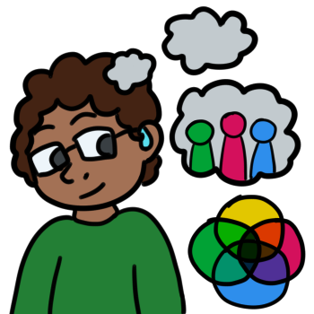 A dark skinned person with dark brown hair and a green shirt is thinking of their system. They have a blue hearing aid and glasses. They have a thought bubble with three simple figures in it, one colored in green, one in dark pink, and one in blue. Beneath the thought bubble is the Emmengard's Plural Rings (which look like a four-category Venn diagram), with four outer sections colored clockwise in yellow, dark pink, blue, and green, and the inner-overlaying spots being the mixed versions of those colors.